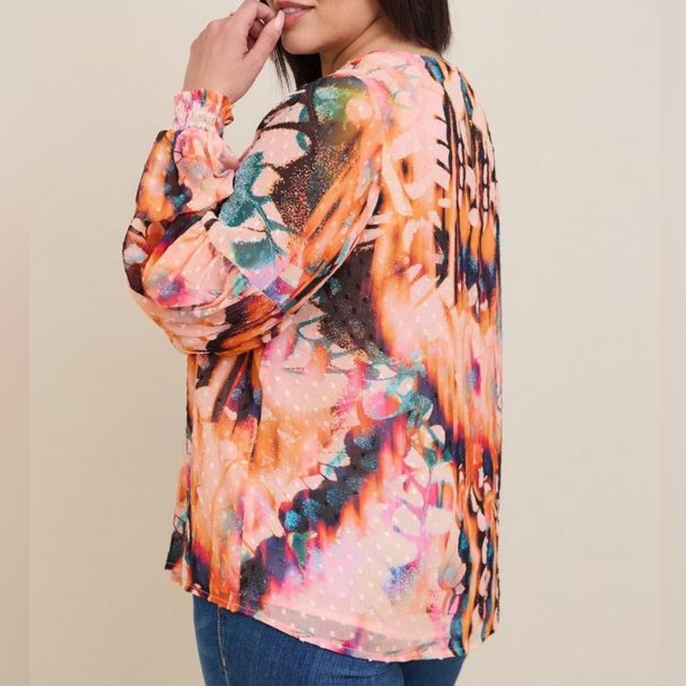 Torrid plus floral blouson long sleeves scoop neck top, 4XL, orange - Picture 4 of 14